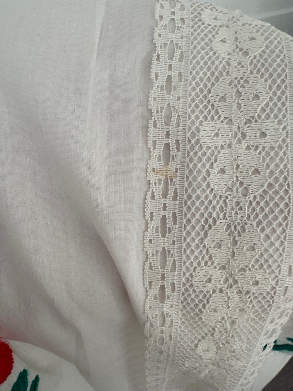 Vintage 70s Embroidered White Boho Maxi Dress with Red Floral Accents - Picture 5 of 8